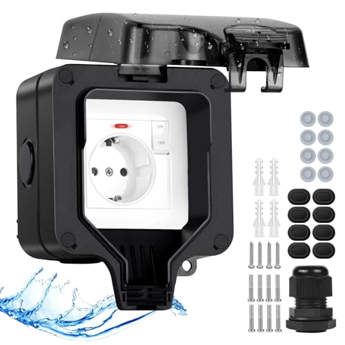 Upgrade Aussensteckdose Wasserdichte Steckdose IP66 mit Schalter Kontrollleuchte,Anthrazit Außensteckdose Aufputz Wetterfest Outdoor Steckdose Gartensteckdose aussen Abschliessbar Klappdeckel-1 Fach von IweSupar