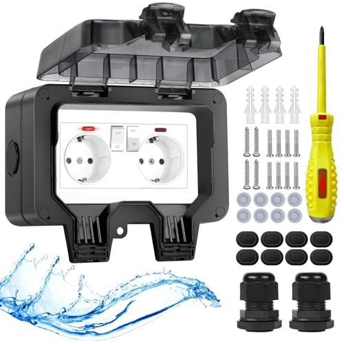 Upgrade Aussensteckdose Wasserdichte Steckdose IP66 mit Schalter Kontrollleuchte,Außensteckdose Aufputz Wetterfest Outdoor Steckdose Garten Wandsteckdose mit Abschließbaren Klappdeckel-Doppelsteckdose von IweSupar