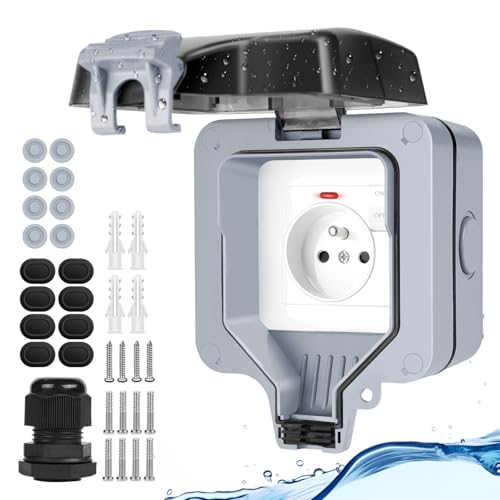 Upgrade Aussensteckdose Wasserdichte Steckdose IP66 mit Schalter Kontrollleuchte,Grau Außensteckdose Aufputz Wetterfest Outdoor Steckdose Gartensteckdose aussen Abschliessbar Klappdeckel-1 Fach-FR von IweSupar