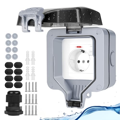 Upgrade Aussensteckdose Wasserdichte Steckdose IP66 mit Schalter Kontrollleuchte,Grau Außensteckdose Aufputz Wetterfest Outdoor Steckdose Gartensteckdose aussen Abschliessbar Klappdeckel-1 Fach von IweSupar