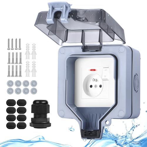 Upgrade Tiefer Außensteckdose Wasserdicht IP66, Steckdose Aufputz mit Schalter Lampe, Gartensteckdose, elektrischer Außenstrom, abschließbar, Wanddose, Einzelgehäuse, Grau von IweSupar