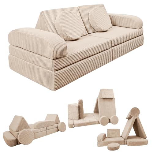 Izabell® Modulares Kindersofa und Spielsofa – Kreatives Sofa aus Weichem Cordstoff mit Wasserfesten Schutzbezügen, Perfekt zum Spielen und als Bett für Kinder (Ecru) von Izabell