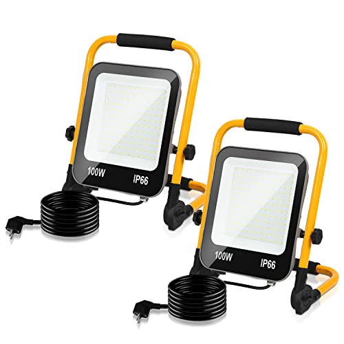 Izrielar 100W LED Baustrahler, 2x Arbeitsleuchte, 10000LM LED Fluter Floodlight mit 3M Kabel und Stecker, IP66 Bauscheinwerfer für Innen-und Außenbereich Baustellen Garage Werkstatt, Kaltweiß von Izrielar