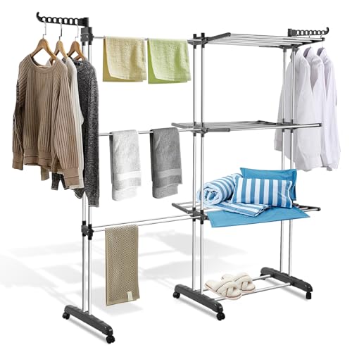 Izrielar 2 in 1 Wäscheständer Turm ausziehbar Länge 75-150 cm, Klappbar Wäschetrockner mit 4 Ebenen und 2 Drehbar Seitenflügel für Innen und Außen, Standtrockner mit Rollen Izrielar 2 in 1 Wäscheständer Turm ausziehbar Länge 75-150 cm, Klappbar Wäschetrockner mit 4 Ebenen und 2 Drehbar Seitenflügel für Innen und Außen, Standtrockner mit Rollen von Izrielar