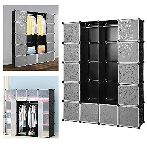 Izrielar 2X Kleiderschrank Regalsystem 20 Würfel Garderobe DIY Kleiderschrank Offen Kunststoff mit Türen Garderobenschrank Schwarz 180 x 142 x 37cm von Izrielar