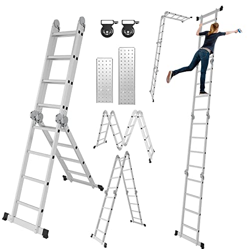 Izrielar 5.8M Mehrzweckleiter 7 in1 Aluminium Multifunktionsleiter, 4x5 Sprossen Multifunktionsleiter mit 2 Gerüstplatten und 2 Rollen, Klappleiter Arbeitsleiter Haushaltsleiter,bis 150 kg, Silber von Izrielar