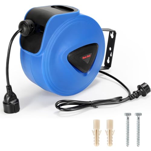 Izrielar Automatik Kabelaufroller 20M+1.5M Kabelaufroller, Kabeltrommel mit Stopfunktion,Verlängerungskabe, mit 180° drehbar Wandhalterung, für Wandmontage von Izrielar