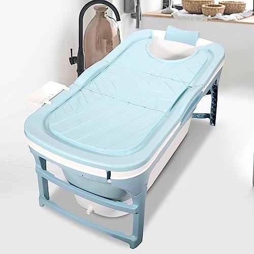 Izrielar Faltbare Badewanne für Erwachsene - Praktisch mobile Badewann mit abnehmbarem Deckel sowie Seifenablage und Nackenstütze ausgestattet, Größe L, 118 * 60 * 50cm, Blau von Izrielar