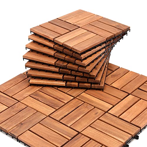 Izrielar Holzfliesen 11er| 30 × 30cm| 1 m² pro bodenfliesen |aus Akazien Holz| Outdoor & Indoor Bodenbelag Balkon mit Drainagensystem & Klicksystem, Braun von Izrielar