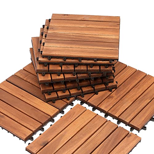 Izrielar Holzfliesen 30 x 30 cm Akazien-Holz Balkonfliesen 33er, 3 m² pro Terrassenfliesen Bodenfliesen für Terrassen und Balkon zuschneidbar Drainage, Braun von Izrielar