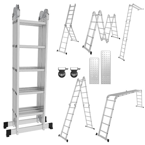 Izrielar Mehrzweckleiter 4x4 Stufen 4.7M 7 in 1 Aluminium Mehrzweckleite, Multifunktionsleiter mit 2 Transport Rollen und 2 Plattform|bis 150 kg, Klappleiter, Anlegeleiter Steigleiter von Izrielar