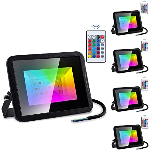Izrielar RGB Strahler, 5x10W Fluter Farbwechsel Bunt Dimmbar Mit Fernbedienung, 16 Farben 4 Modi LED Flutlicht, Memoryfunktion LED Flutlichtstrahler, IP66 Wasserdicht für Garten Hinterhof Bühne von Izrielar