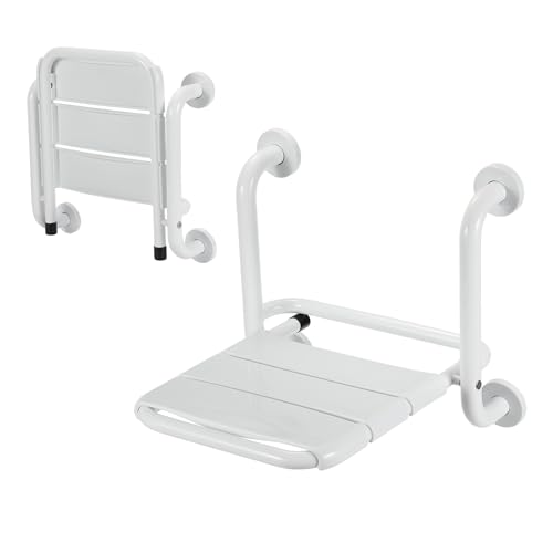 Izrielar Wandmontage Duschsitz Klappbarer, Duschstuhl Duschklappsitz bis 120kg, Badestuhl Duschhocker, Badhocker Wandklappstuhl für Senioren Kinder, Weiß von Izrielar