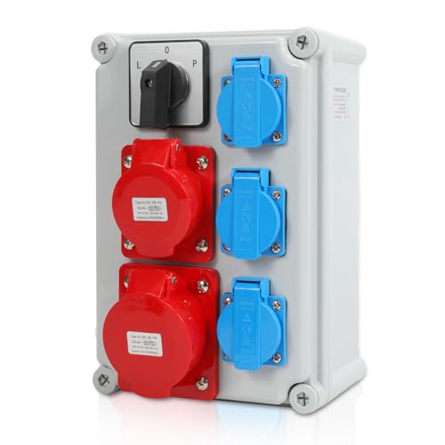 Izrielar Wandverteiler, Baustromverteiler 3 * 16A/230V/IP44 Schuko, 5 polig Stromverteiler, Mit Umschalter, Gummischlauchleitung Stromzufuhr, Steckdose Sicherheitsklappdeckeln von Izrielar