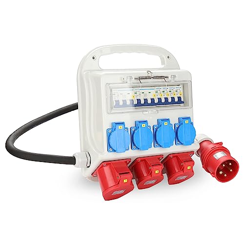 Izrielar Wandverteiler, Baustromverteiler 2 x CEE 16A 400V+1 x CEE 32A 400V+4 x 230V Schuko IP44 5 polig Stromverteiler, schwere Gummischlauchleitung Stromzufuhr, Steckdosen von Izrielar
