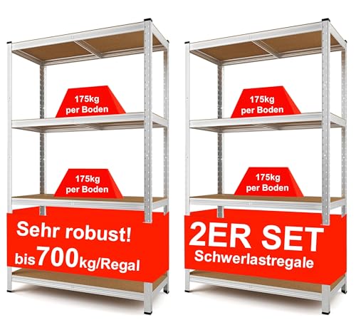 Izzy Schwerlast-Metallregal-Set mit 2 Kellerregalen im Maß von 160x80x40 cm, 4 Regalen mit einer Tragfähigkeit von 700 kg, 175 kg pro Regal, Stapelbar, Höhenverstellbar von Izzy
