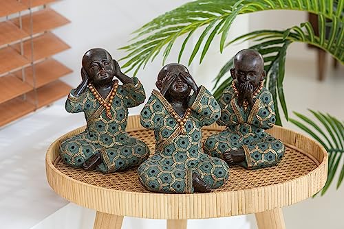 J-Line Edel 3 er Set Mönch Buddha Figur Sehen/Hören/Schweigen Poly Grün/Gold H21 cm von J-Line