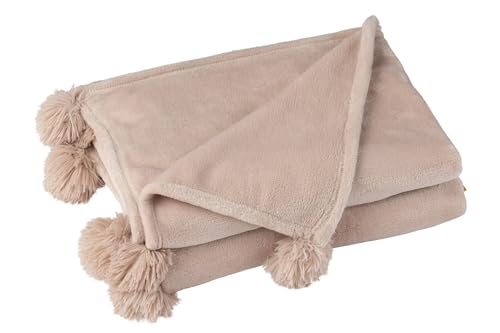 J-Line Kuscheldecke mit Pompoms, Stilvolle und Moderne Tagesdecke in Beige, Perfekt als Fleecedecke, Couchdecke, Sofadecke oder Schlafzimmer Deko, 170 x 130 cm von J-Line