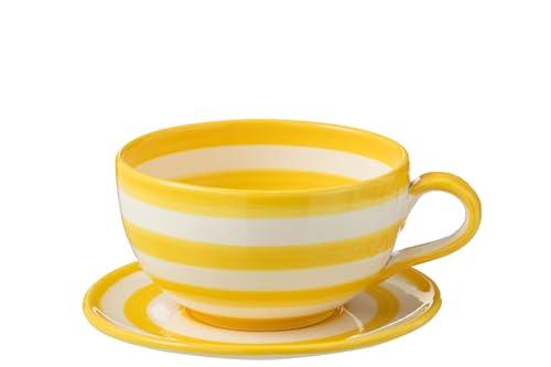 J-Line Tasse mit Untertasse Granada Stripes – Keramik – Weiß/Gelb von J-Line