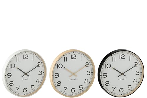 J-Line Wanduhr, rund, Kunststoff, Beige/Weiß/Schwarz, großes Sortiment von 3 – 3 Einheiten von J-Line