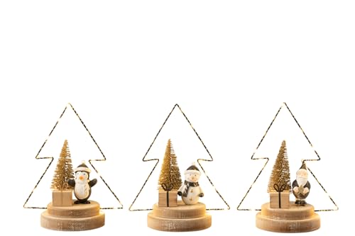 J-LINE - Weihnachtsbaum + LED Weihnachten, Holz, Schwarz/Gold/Natur, 3 Stück von J-line
