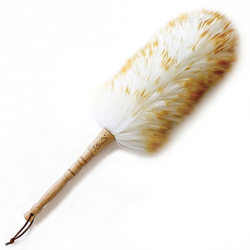 J&A Woll-Staubwedel mit massivem Holzgriff, Flexibler Kopf, Leder-Aufhängegurt, 48 cm lang, bequemer Griff, natürlicher Feder-Staubwedel für die Reinigung von Bildschirmen etc. (1 Stück) von J&A Jason Aerobic