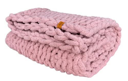 J&D Handmade™ - Chunky Knit Blanket - Kuscheldecke für Bett, Sofa, Sessel (110x180cm) - schöne Heimdekoration, weiches veganes Chenille-Garn, Tagesdecke (Altrosa) von J&D Handmade