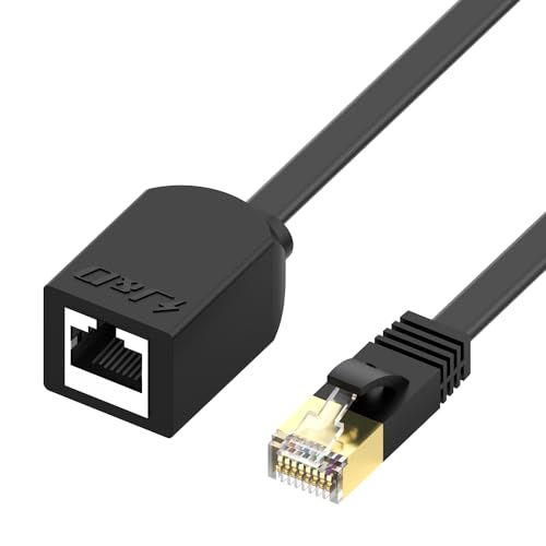 J&D Cat7 Ethernet-Verlängerungskabel (1-Pack), Geschirmtes Flach-RJ45-Netzkabel Cat7 Ethernet-Kabel-Verlängerungskabel, Internetkabel mit 10 Gbit/s, 0,9 Meter, Schwarz von J&D