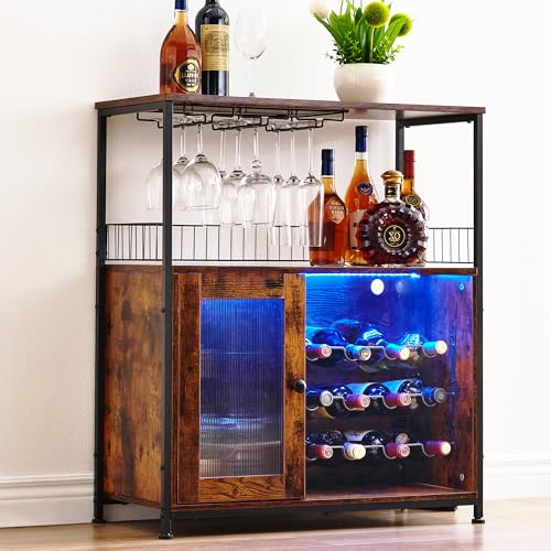 J-yaamiZz Weinbarschrank mit LED-Lichtern und abnehmbaren Weinregalen, multifunktionaler Barschrank mit 3 Reihen Glashalter & Acryltür für Likör und Gläser, für Küche, Esszimmer, Braun von J-yaamiZz