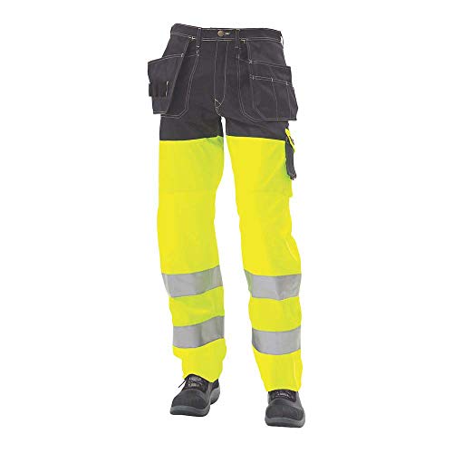 J.A.K. 1110085B100 Serie 11100 70% Polyester/30% Baumwolle Bundhose mit Hängetaschen, EN 20471, Klasse 2, Gelb/Marine, 56 L (39/35) Größe von J.A.K.