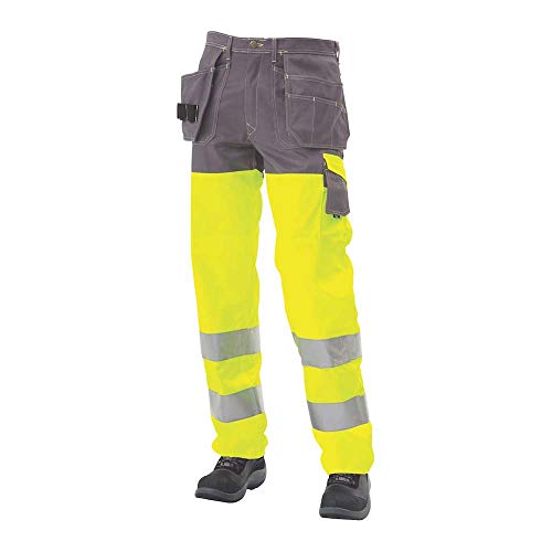 J.A.K. 1110086124 Serie 11100 70% Polyester/30% Baumwolle Bundhose mit Hängetaschen, EN 20471, Klasse 2, Gelb/Grau, 68 R (49/32) Größe von J.A.K.