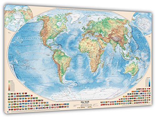J.Bauer Karten Physische Weltkarte, gedruckt auf Leinwand und fertig aufgespannt auf einen Holzkeilrahmen, 150x100 cm, deutsch von J.Bauer Karten