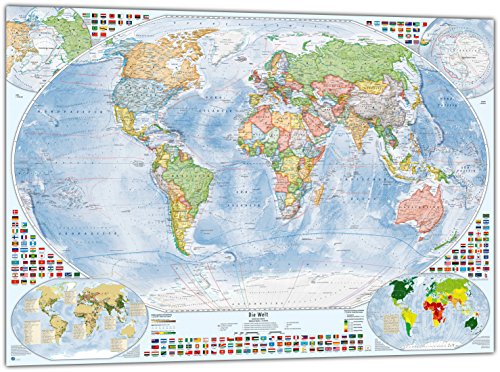 Politische Weltkarte mit 4 Nebenkarten, 100x70 cm, deutsch von J.Bauer Karten