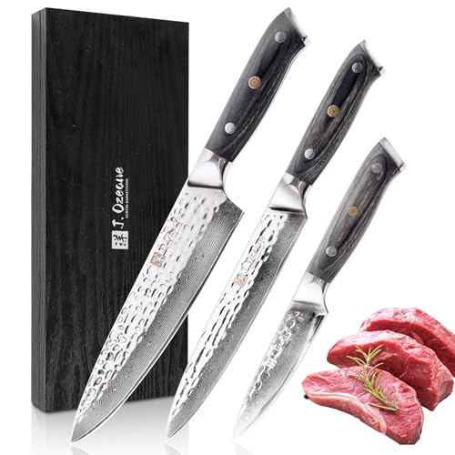 J.OZEANE 3er Damastmesser Set mit 9-19.5cm Klingen gefertigt aus 67 Lagen echtem Damaststahl mit Pakkaholzgriff in Holzbox I Premium Damast Küchenmesserset & Profi Kochmesser J.OZEANE 3er Damastmesser Set mit 9-19.5cm Klingen gefertigt aus 67 Lagen echtem Damaststahl mit Pakkaholzgriff in Holzbox I Premium Damast Küchenmesserset & Profi Kochmesser von J.OZEANE