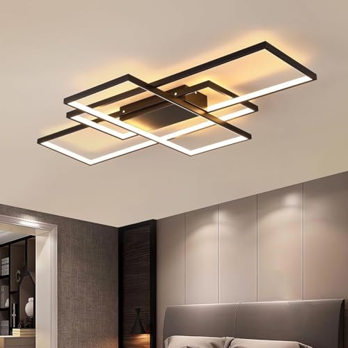 J.SUNUN Deckenlampe Wohnzimmer Modern LED Deckenleuchte 80CM Warmweißes Licht 3000K 3-Ringe Rechteckige Geometrisch Deckenbeleuchtung Für Wohnzimmer Schlafzimmer Esszimmer Decke lampe Schwarz von J.SUNUN