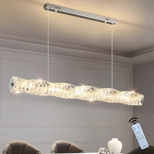 J.SUNUN Dimmbare LED Pendelleuchte Moderne Hängeleuchte Schlafzimmer Pendellampe Höhenverstellbar Wohnzimmer Kristall Kronleuchter Lampe für Esstisch Esszimmer Küche Leuchte Silbrig 100CM von J.SUNUN
