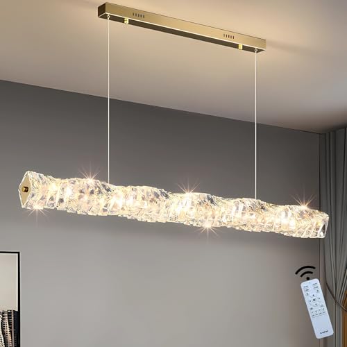 J.SUNUN Dimmbare LED Pendelleuchte Moderne Hängeleuchte Schlafzimmer Pendellampe Höhenverstellbar Wohnzimmer Kristall Kronleuchter Lampe für Esstisch Esszimmer Küche Leuchte Golden 120CM von J.SUNUN