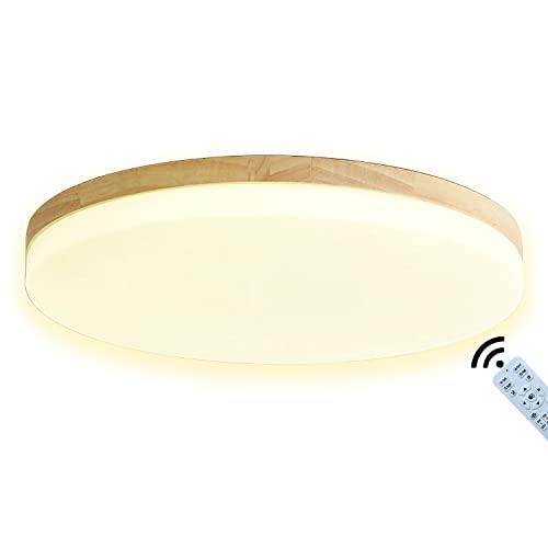 J.SUNUN Holz LED Deckenleuchte 42W Dimmbar Deckenlampe Beleuchtung Deko Wohnzimmer Schlafzimmerlampe Modern Runde Holzlampe Decke Lampe Acryl-Schirm Schlafzimmer Deckenbeleuchtung Φ63CM von J.SUNUN