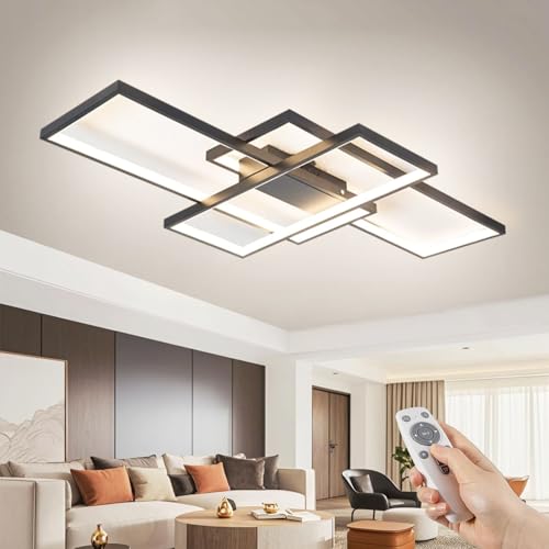 J.SUNUN LED Dimmbare Wohnzimmer Deckenleuchte Wohnzimmerlampe Decke lampe Modern 3-Ringe Rechteckige Schlafzimmer Deckenlampe Design Beleuchtung Dekor Lampe Schwarz 110CM von J.SUNUN