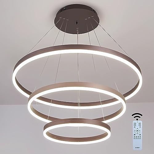 J.SUNUN LED Pendelleuchte Moderne Braun 3-Ring Kronleuchter Wohnzimmerlamp 90W 4500LM Dimmbar mit Fernbedienung Höhenverstellbar Deckenbeleuchtung Für Schlafzimmer Wohnzimmer Esszimmer 40×60×80CM von J.SUNUN