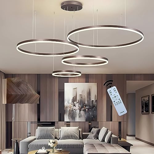 J.SUNUN LED Pendelleuchte Moderne Braun 4-Ring Separate Installation Kronleuchter Wohnzimmerlamp 90W Dimmbar Deckenbeleuchtung Für Schlafzimmer Wohnzimmer Esszimmer 20×40×60×80CM von J.SUNUN