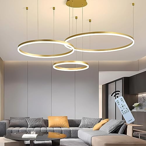 J.SUNUN LED Pendelleuchte Moderne Golden 3-Ring Separate Installation Kronleuchter Wohnzimmerlamp 75W Dimmbar mit Fernbedienung Deckenbeleuchtung Für Schlafzimmer Wohnzimmer Esszimmer 40×60×80CM von J.SUNUN