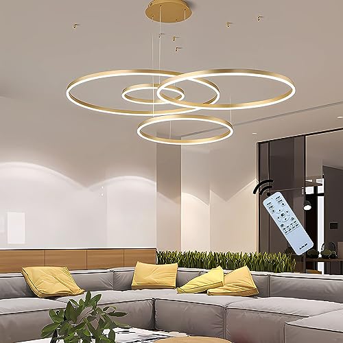J.SUNUN LED Pendelleuchte Moderne Golden 4-Ring Separate Installation Kronleuchter Wohnzimmerlamp 90W Dimmbar Deckenbeleuchtung Für Schlafzimmer Wohnzimmer Esszimmer 20×40×60×80CM von J.SUNUN