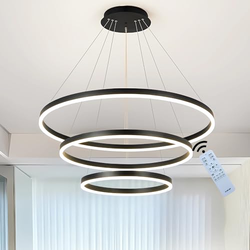 J.SUNUN LED Pendelleuchte Moderne Schwarz 3-Ring Kronleuchter Wohnzimmerlamp 90W 4500LM Dimmbar Höhenverstellbar Deckenbeleuchtung Für Schlafzimmer Wohnzimmer Esszimmer 40×60×80CM von J.SUNUN