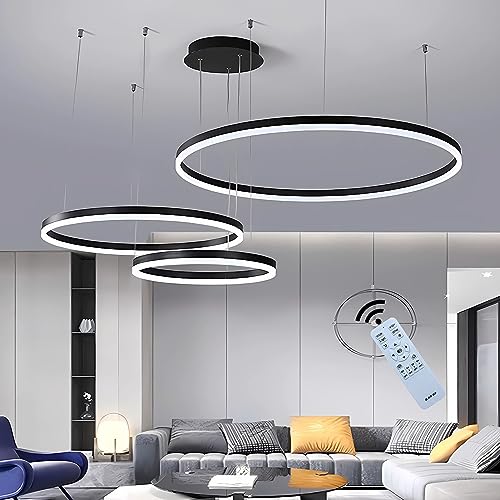 J.SUNUN LED Pendelleuchte Moderne Schwarz 3-Ring Separate Installation Kronleuchter Wohnzimmerlamp 45W Dimmbar mit Fernbedienung Deckenbeleuchtung Für Schlafzimmer Wohnzimmer Esszimmer 20×40×60CM von J.SUNUN