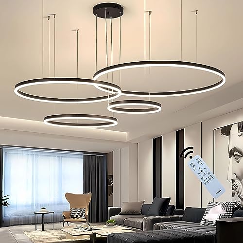 J.SUNUN LED Pendelleuchte Moderne Schwarz 4-Ring Separate Installation Kronleuchter Wohnzimmerlamp 90W Dimmbar mit Fernbedienung Deckenbeleuchtung Für Schlafzimmer Wohnzimmer Esszimmer 20×40×60×80CM von J.SUNUN