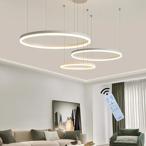 J.SUNUN LED Pendelleuchte Moderne weiß 3-Ring Kronleuchter Wohnzimmerlamp 68W 3400LM Dimmbar mit Fernbedienung Hängelampe Deckenbeleuchtung Für Schlafzimmer Wohnzimmer Esstisch leuchte 20×40×60CM von J.SUNUN