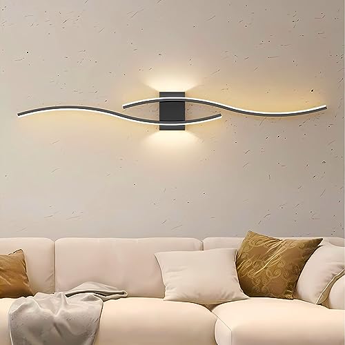 J.SUNUN LED Wandleuchte Innen Moderne,Schwarz Wandlampe indoor 100CM 27W 3000LM,Lange Gebogene Design Wandleuchten für Schlafzimmer Arbeitszimmer Wohnzimmer wall lighting fixtures,Warmes Weiß 3000K von J.SUNUN