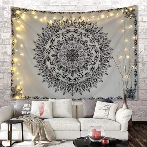 J26 Wandteppich Indisch Art Wandbehang Indien Mandala Bohemian Hippie Psyschedelisch Tischdecke Tapestry Strandtuch Wandtuch Zimmer Tagesdecke Deko (Blumen#2 Schwarz 150x200 cm) von J26