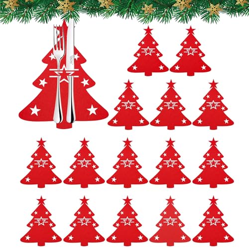 JAADU Weihnachtsbaum Besteckhalter,16 Stück Bestecktasche Tannenbaum Besteckbeutel Weihnachtsbaum Tischdeko,Weihnachts Messer Gabeln Löffel Geschirr Besteck Taschen für Party von JAADU
